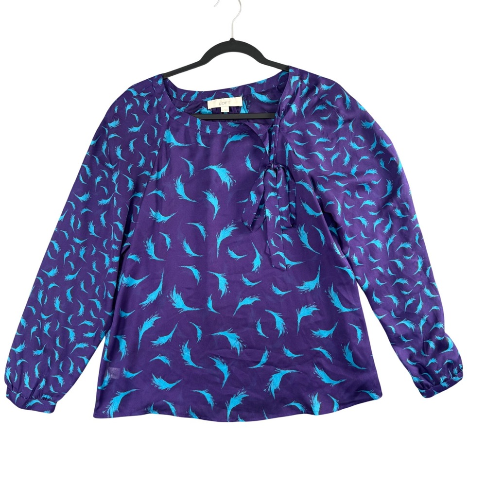 LOFT Feather Print Tie Neck Blouse Purple‎ Teal Long Sleeve Preppy S